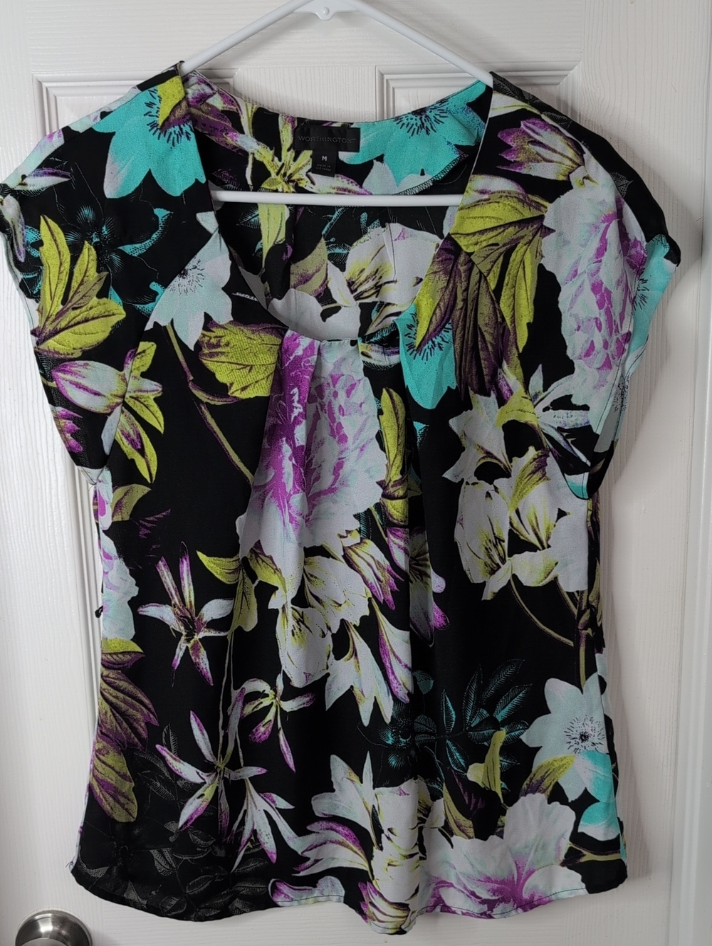 Worthington Black Floral Cap-Sleeve Blouse Size M